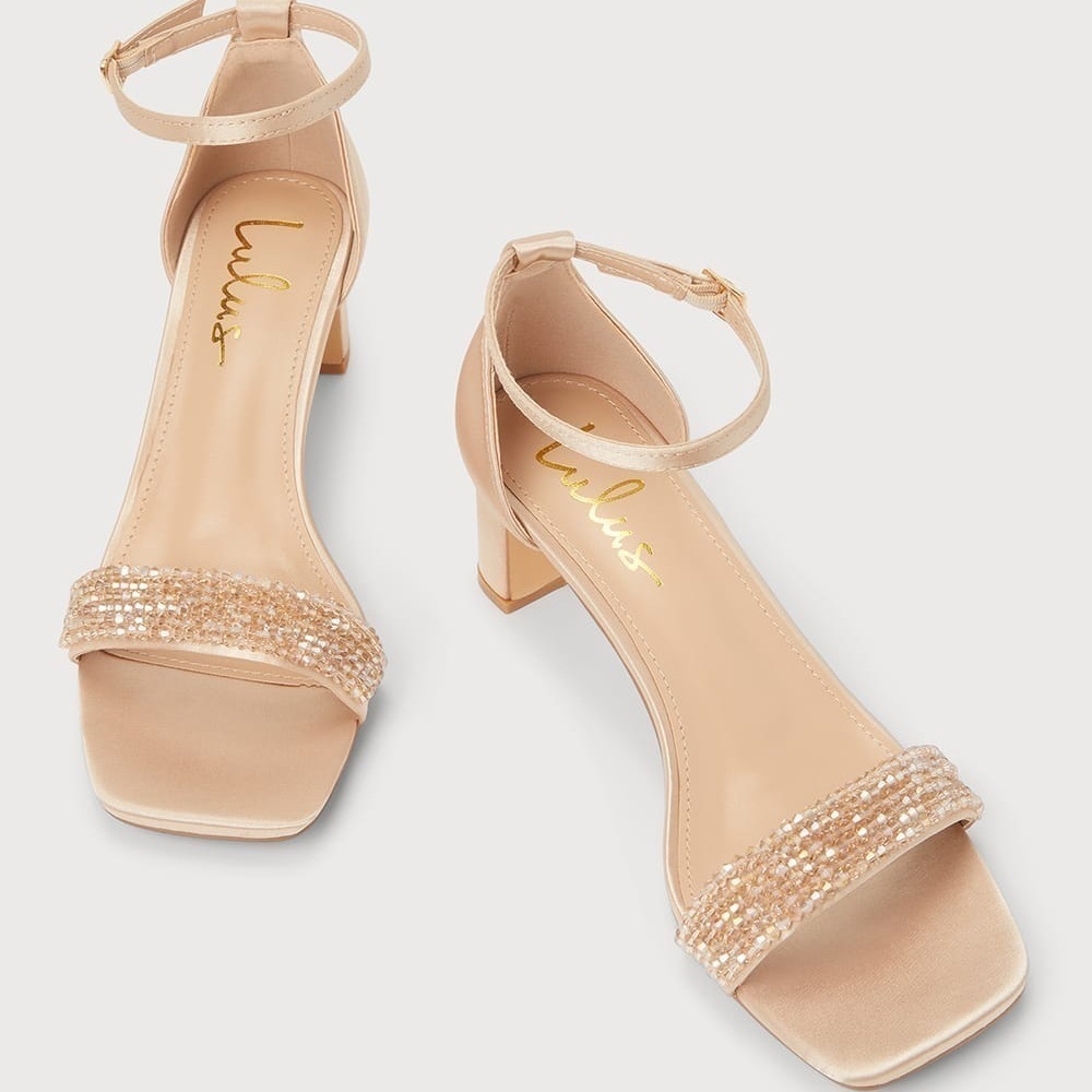 NWOT Lulus Kainda Champagne Satin Beaded Ankle Strap Heels - Picture 4 of 7